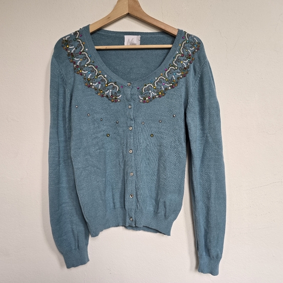 Members Mark Blue Embellished Vintage Cardigan Beaded Sweater Size Large - Picture 1 of 12
